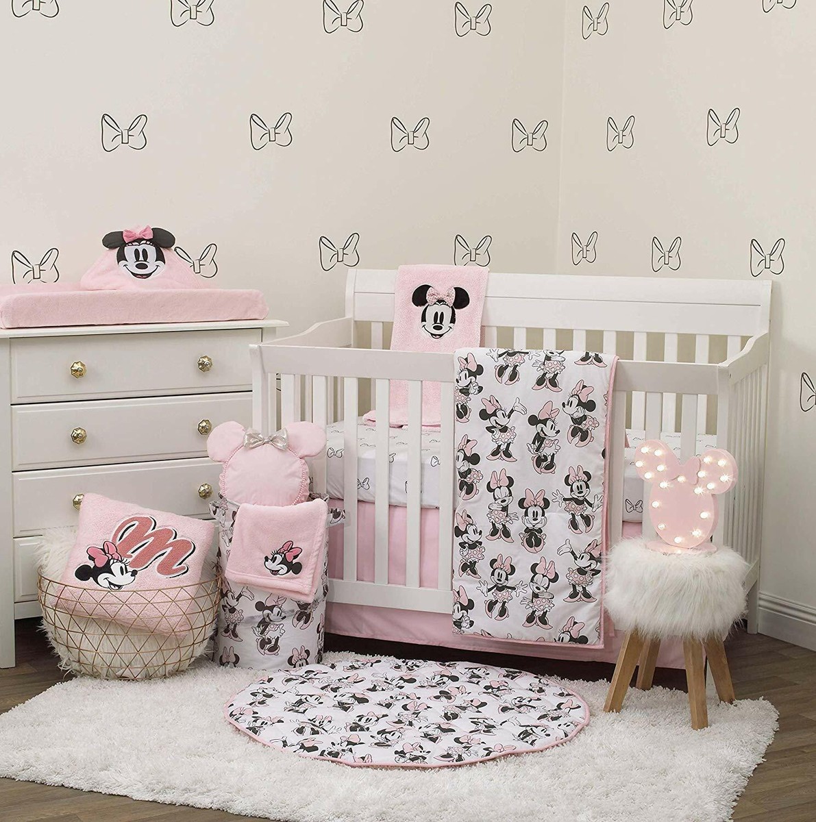 6-Piece Nursery Crib Bedding Set Baby Minnie Mouse Pink Black