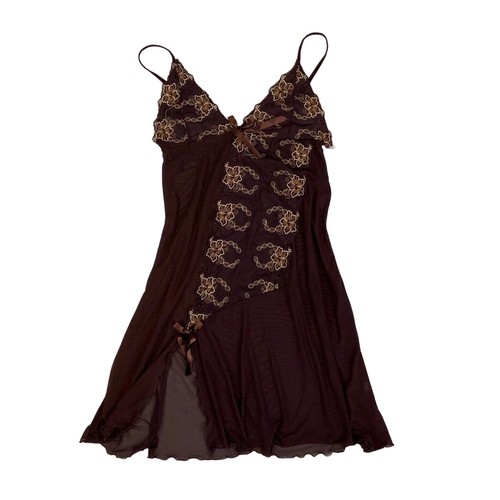 Vintage 90s Y2k Mocha Brown Floral Strappy Mesh Slip Summer Dress 6 XS