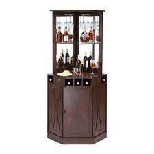 Corner Industrial Bar Cabinet Wine Table for Liquor & Glasses with Glass Holder