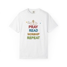 Pray Read Worship Repeat T Shirt Christian Faith Jesus Bible Religious Tee
