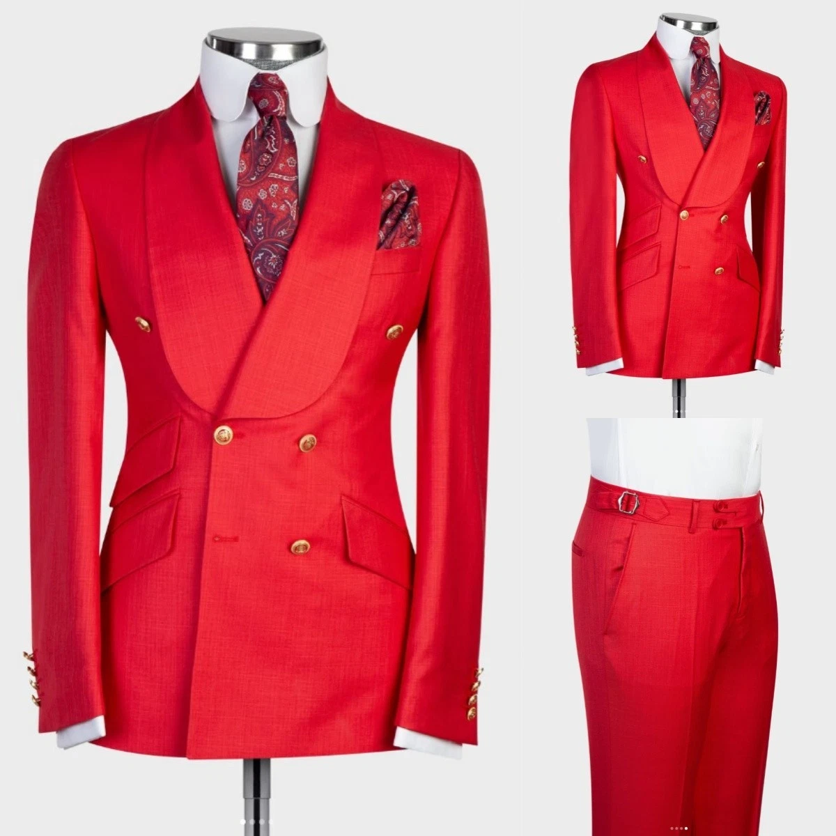 Red Men's Suits 2Pcs Wide Shawl Lapel Jacket Formal Double Breasted Blazer Coat