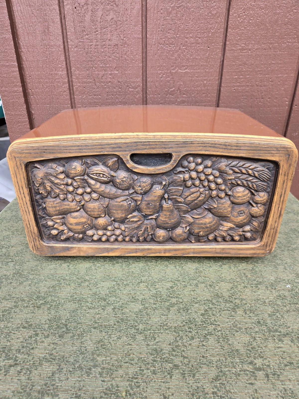 Vintage Bread Box Metal With Faux Wood Front With Fruit Design and Shelf Inside