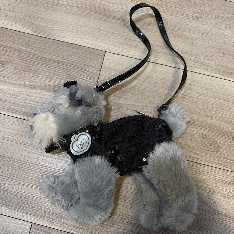 Poochie & Co Schnauzer Dog Purse Black Sequins Leash Pocketbook Stuffed