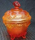 Vtg Jeanette Glass Amberina Footed "Harvest Grapes" Lidded Candy Dish, Jar 5.75"