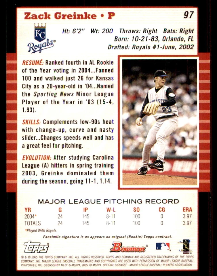 Zack Greinke 2005 Bowman #97 Royals MLB READ FREE SHIPPING AutographDen - Image 2 of 2