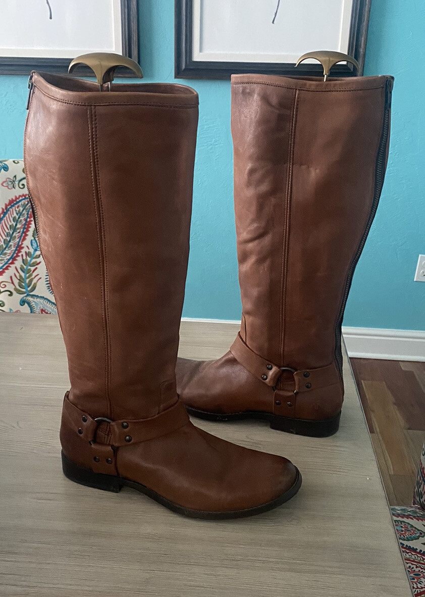 WOMENS FRYE HARNESS LEATHER RIDING FULL ZIP BROWN BOOTS WIDE CALF SIZE 10 |  eBay