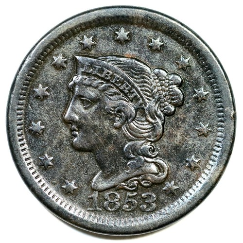 1853 N-30b capelli intrecciati grande moneta centesimo 1c - Foto 1 di 2