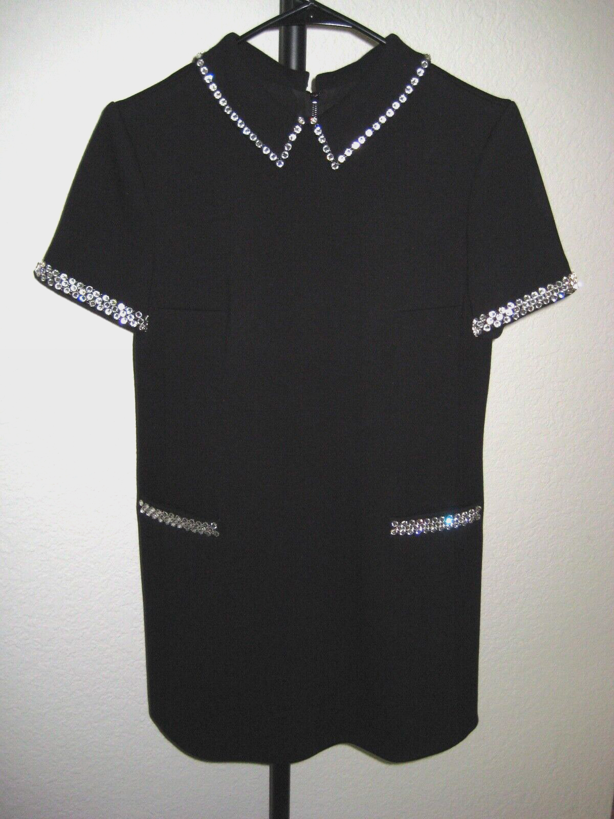 Mini abito stile anni '60 lana nera Saint Laurent con dettaglio cristallo 36FR