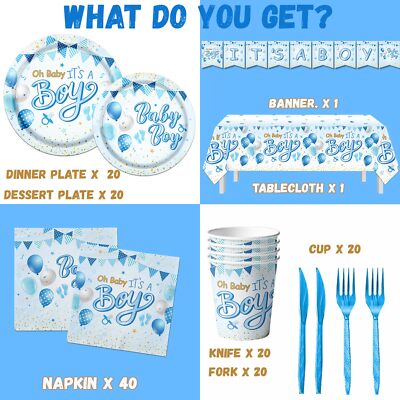 JTKLION Boy or Girl Partyservies, 125 stuks papieren borden voor gender reveal, voor jongens of meisjes, blauw, roze, wegwerp-serviesset met papieren borden, papieren bekers en rietje, voor 25 gasten