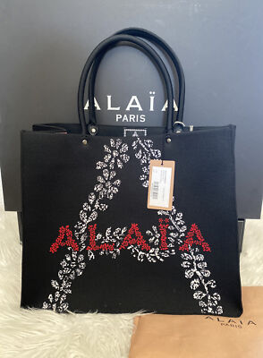 ALAIA Black Garance Red Logo Large Leather Trimmed Tote Bag