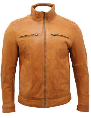 Men's Tan Retro 100% Genuine Lambskin Napa Leather Bomber Biker Jacket Vintage
