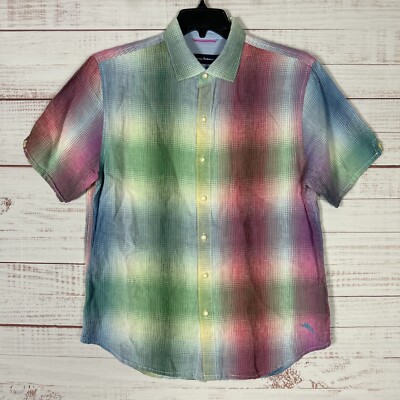 Tommy Bahama Shirt Mens 100% Linen Button Up Medium Multicolor Check Short Sleev