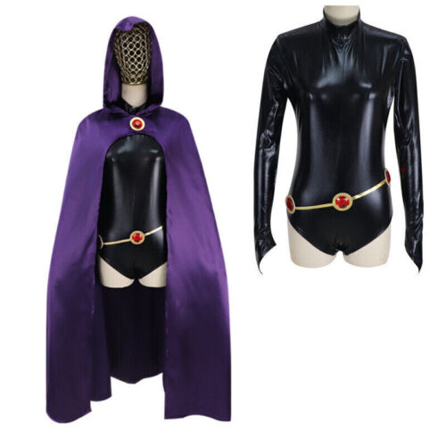 Women Teen Titans Raven Cosplay Costume Bodysuit Cloak Halloween Costume Party@@ - Picture 3 of 9