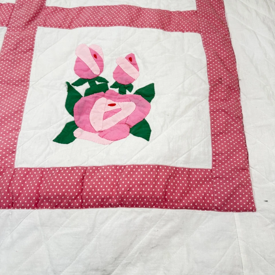 handmade quilt full pink roses floral cotton rustic primitive - Image 3 of 4
