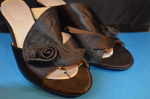 BLACK SATIN MULES SHOES 9 J. Renee 2 1/2"Heels sexy NEW INNER SOLES Slip On VG+ - Picture 3 of 12