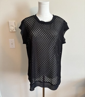 Vintage 2000s Y2K Black Mesh Lace Whimsigoth Top XL Romantic Soft Goth Stretch