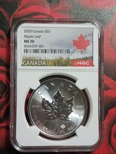 🇨🇦2020 1 OZ .9999 FINE SILVER CANADA S$5 MAPLE LEAF GRADED BY NGC MS70 TIP TOP