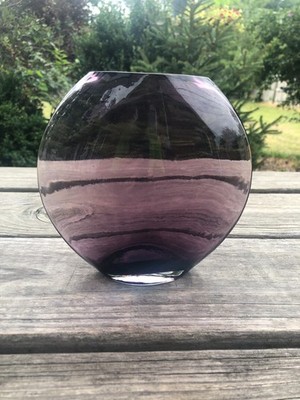 Modern Handblown Amethyst Purple Flat Art Glass Bud Vase 6''T 6'' W Tabletop Decor