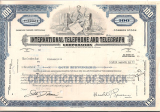 #A0971 International Telephone & Telegraph Corp 1972 Interesting Stock Tenbanco