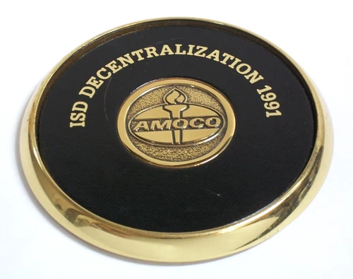 Amoco Gas Oil Logo Paperweight Coaster BTS Brass 1991 ISD Decentralization Vtg