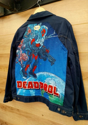 Reworked vintage denim jacket with Deadpool on back Size XL - Picture 3 of 7