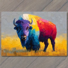 POSTCARD Rainbow Bison Bold Colorful Western Prairie Buffalo Plains Weird Bright