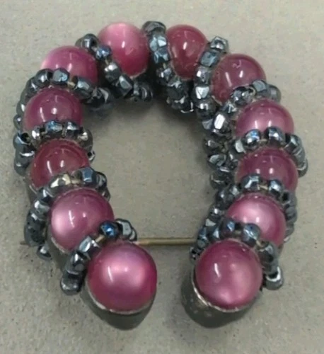 Vintage Costume Jewelry Pink Lucite Moon Glow Horseshoe Brooch Pin Bead Wrap