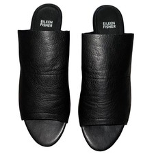 Eileen Fisher Black Leather Slip On Mule Wedg...