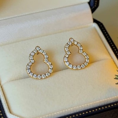 18K Gold Diamond Gourd Earrings  Full Pavé Lucky Charm Studs