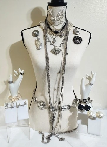 Vintage to Now Costume Jewelry Lot 25 Pcs Silver Tone Black Faux Pearl