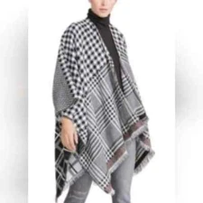 Steve Madden Women's Multi-Plaid Poncho Ruana Black/White One Size $58.00