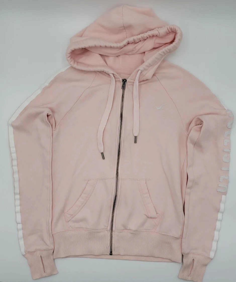 HOLLISTER Women’s Pink Hoodie Zip Up Size XS White Logo #C302