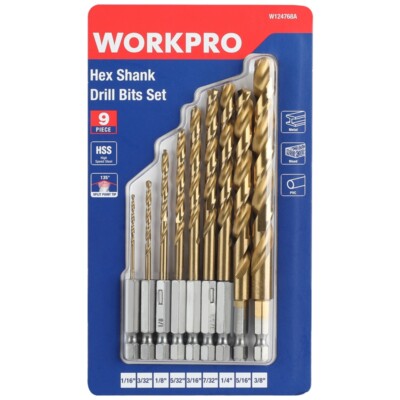 WORKPRO 9-Piece 1/4'' Hex Shank Drill Bit Set  for Metal Steel Wood PVC Titanium