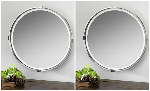 TWO TAZLINA 30" MODERN BRUSHED NICKEL METAL BEVELED ROUND WALL MIRRORS  09109 - Picture 1 of 4