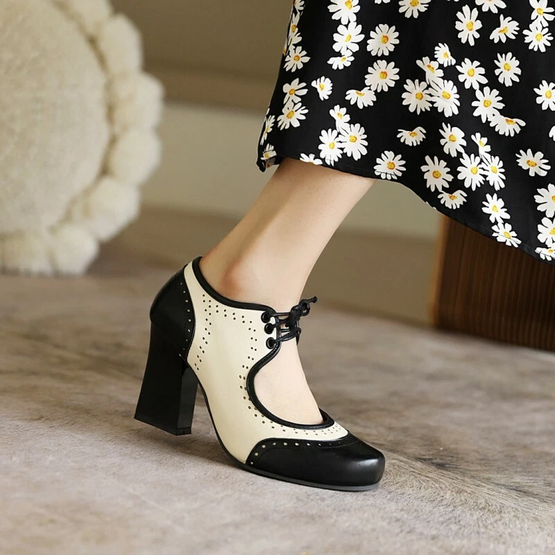 Fashion Women British Block High Heel Oxfords Round Toe Wing Tip
