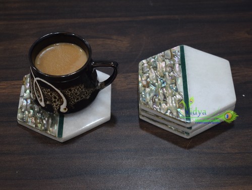 Marble Coaster Set Abalone Shell Brick Inlay Art Handmade Special Gift ...