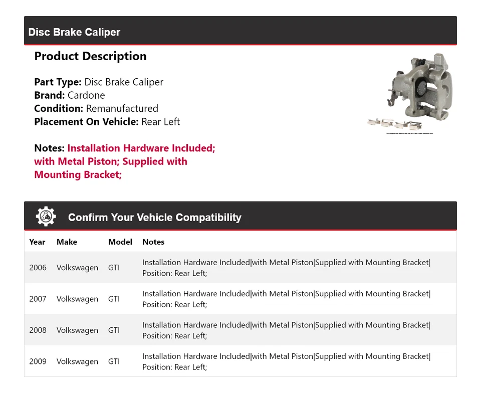 Pinza de freno de disco trasera izquierda cardone 2007 2008 volkswagen gti 2006-2009 Foto 2 de 4