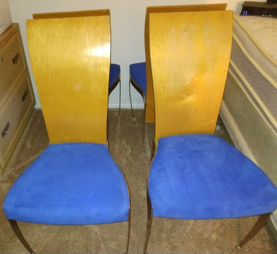 4 sillas de comedor vintage de mediados de siglo de acero inoxidable y madera pulidas con respaldo largo Ex Foto 4 de 4