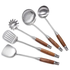 Wooden Cooking Utensils Set, 5 Piece Wooden Utensils for Cooking, Stainless