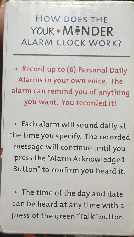 MedCenter "Your Minder" Talking Personal Recording Alarms Clock with AC Adapter - Image 2 of 4