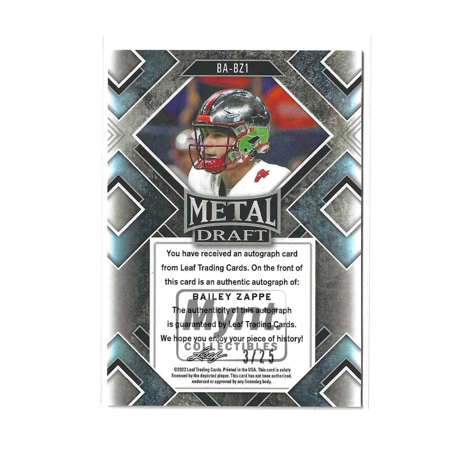 2022 Leaf Metal Draft Bailey Zappe Auto RC Blue Wave /25 XRC BA-BZ1 Kansas City - Image 3 of 4