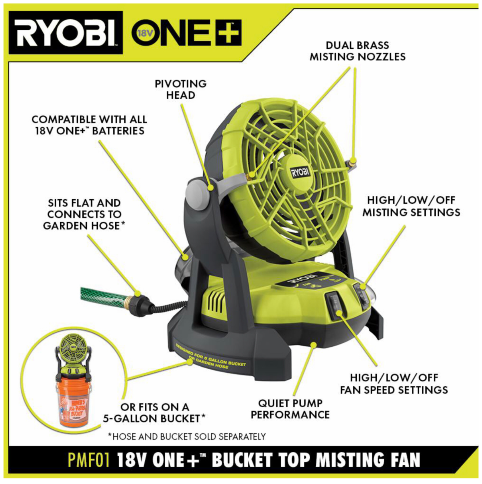Image 2 - NEW RYOBI 18-Volt ONE+ Portable Bucket Top Misting Fan (Tool Only - No Batt/Chg)