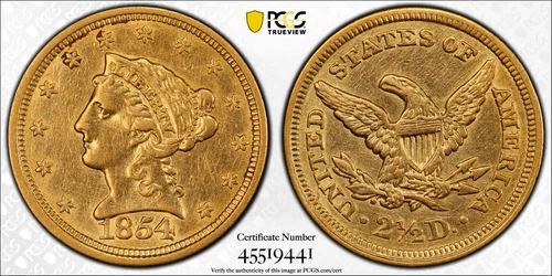 1854 US Coronet Head Quarter Eagle $2.50 Gold Coin - PCGS AU Detail