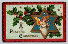 Postcard c1910 Angel Harp Holly Star  Gel Germany Peaceful Christmas P388