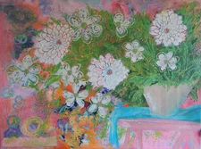 ORIGINAL ART LARGE ONE OF A KIND FLORAL STILL LIFE  PAINTING USA BY SUE FURROW