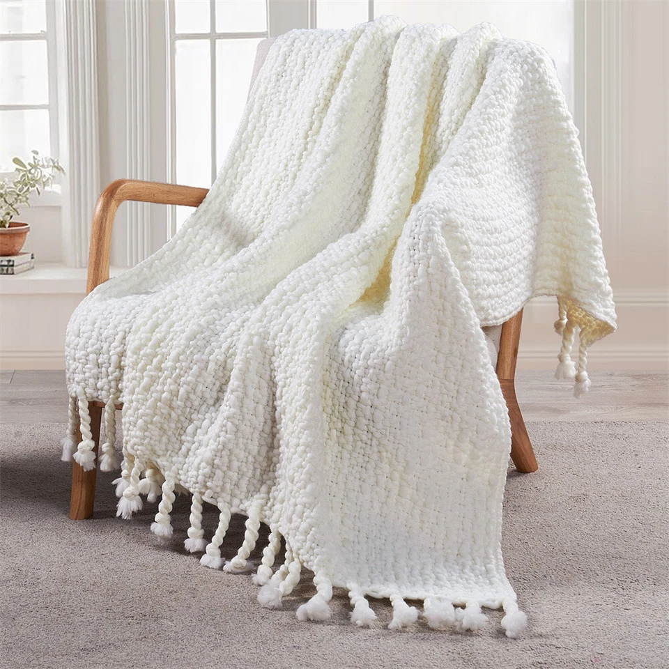 Chunky Knit Throw Blanket w/ Braided Tassels Soft Thick Yarn Basket Weave Boho - Image 2 of 4