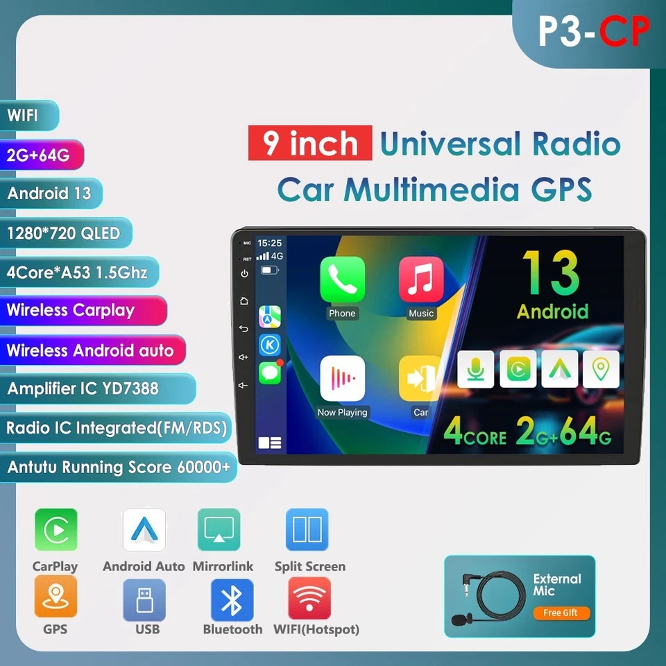 Double 2DIN 9'' Android 13 64GB Car Stereo Radio GPS Wifi Carplay Navigation USB - Image 2 of 4