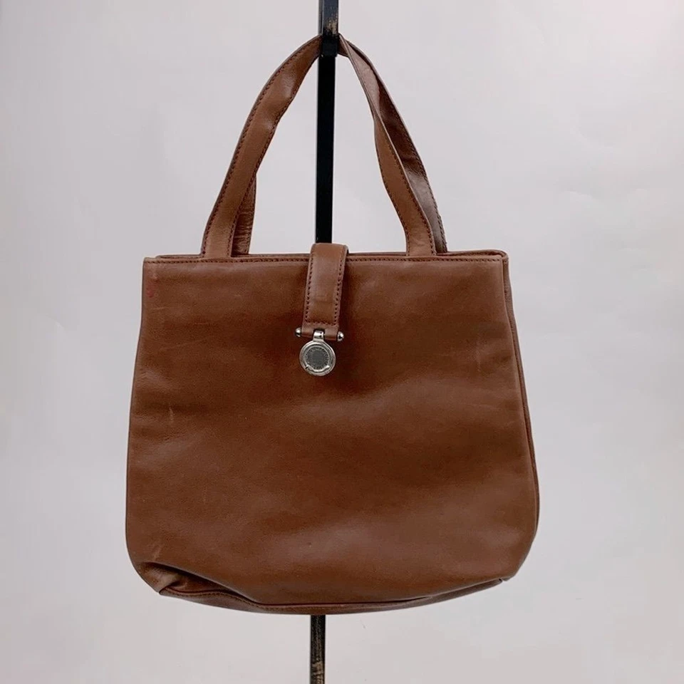 Vintage Ralph Lauren Leather Saddlers Handbag Brown Silver RL Green plaid Lined - Image 2 of 4