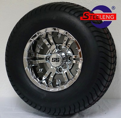GOLF CART 10'' CHROME VAMPIRE ALUMINUM WHEELS and 205/65-10 CTR DOT TIRES