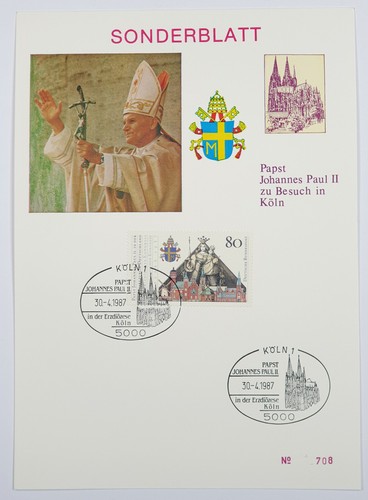 Sonderblatt Mi. 1320. Papst-Besuch in Köln, 30. 4. 1987 Nr. 708. Superb.